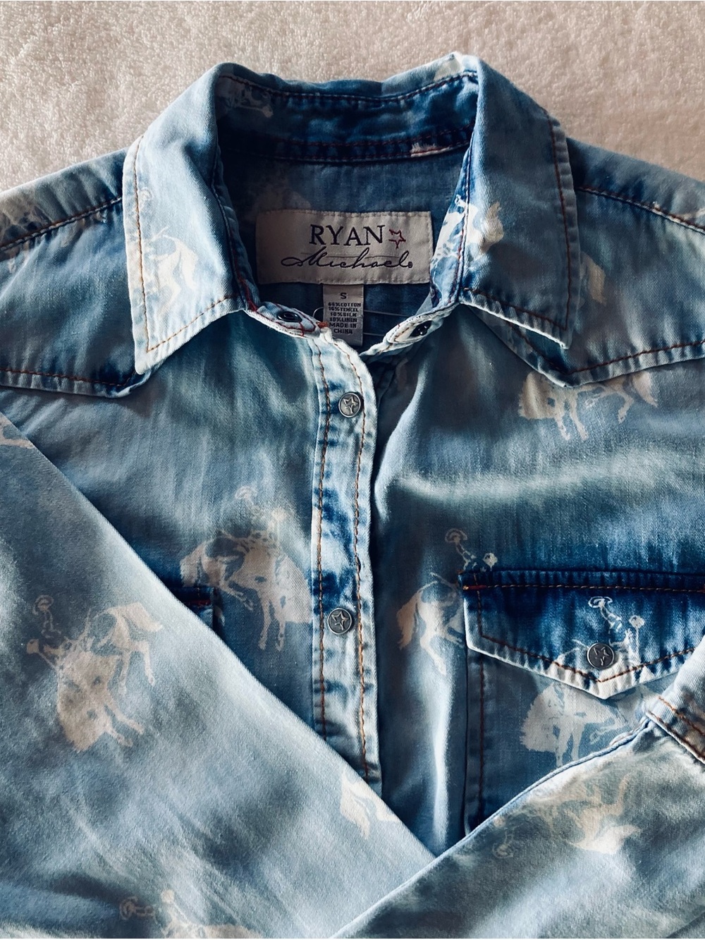 Ryan Michael Womens Western Denim Snap Shirt. Allover Bull Riders Pattern. Small